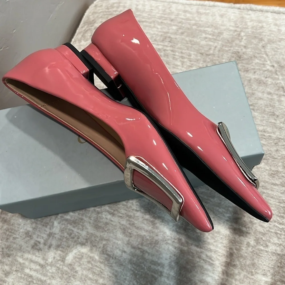 Pointed Toe Pink Vegan Patent Leather Flats with Silver Accent Size 37 It#P03